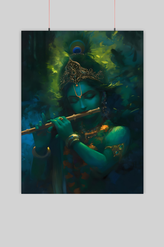 Krishna Playing Flute Poster – Divine Krishna Art Prints for Wall | Kanha Ji Ke Poster (18x24 inch) | Perfect Gift for Krishna Devotees