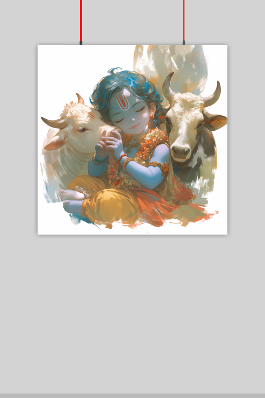 Krishna with Cows Painting Poster – Divine Wall Decor for Devotees