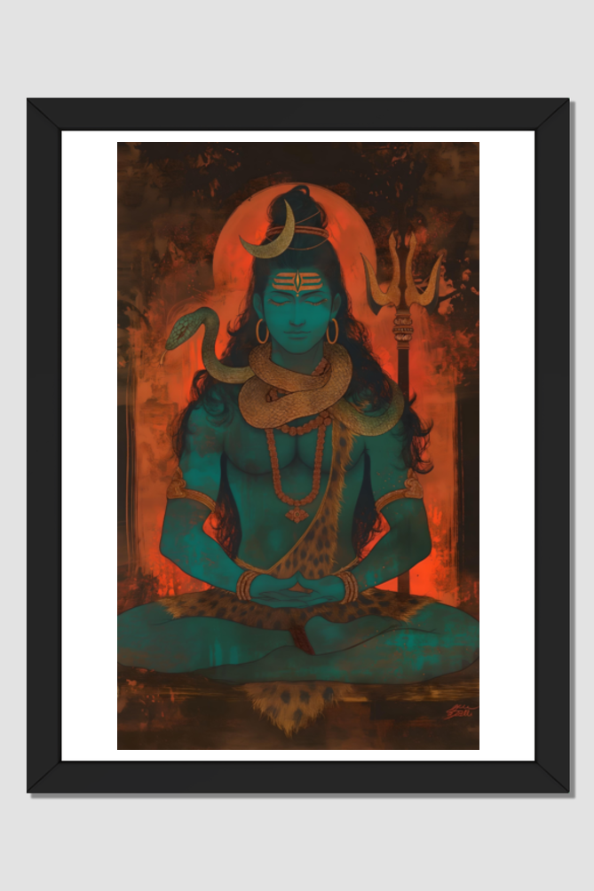 Powerful Meditating Shiva - A4 Framed Poster for Spiritual Decor