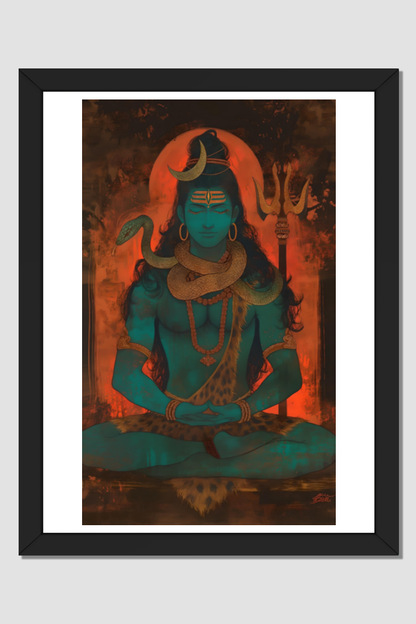 Powerful Meditating Shiva - A4 Framed Poster for Spiritual Decor
