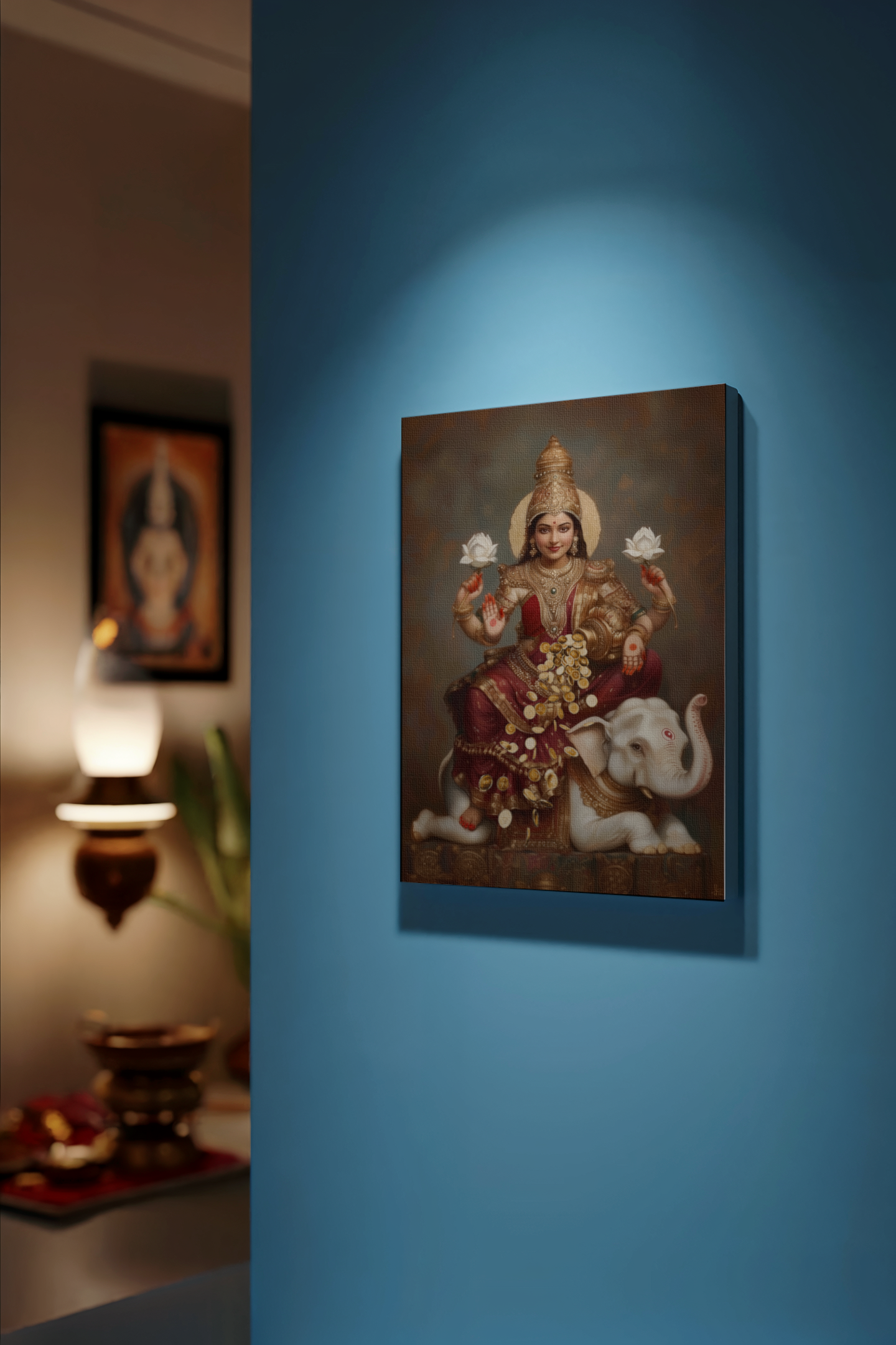 Lakshmi Mata digital painting on Canvas – Gajalakshmi Gallery Wrapped Canvas for Home & Pooja Room Decor