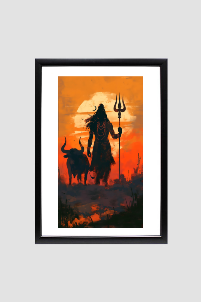 Shiva and Nandi Silhouette Digital Art - A4 Framed Poster | Glossy Finish | Premium Spiritual Wall Decor