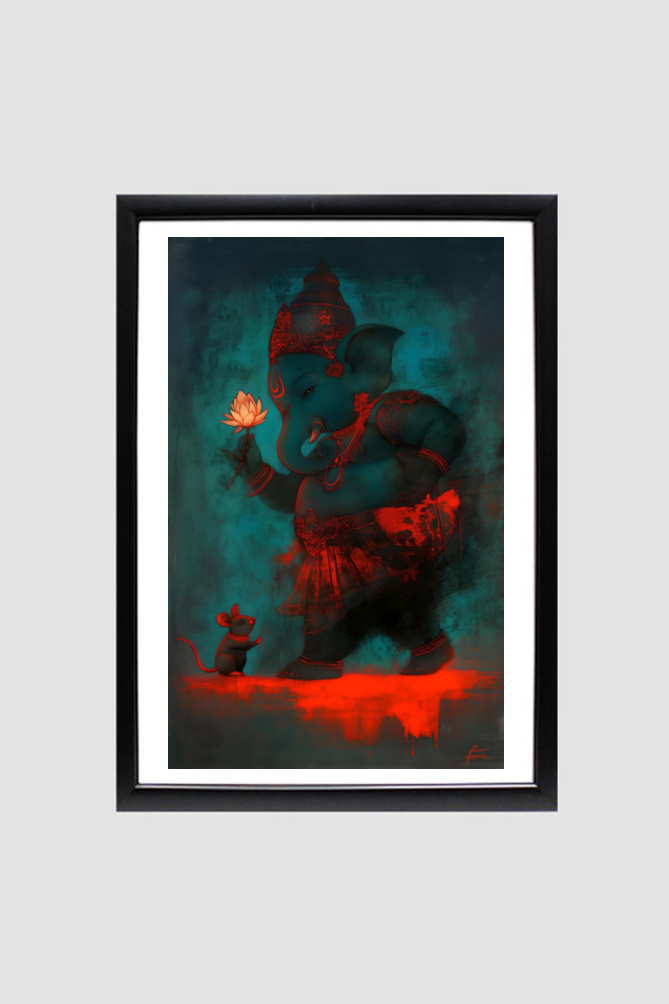 A4 Framed Poster of Abstract Digital Art of Lord Ganesha – Divine Home Decor