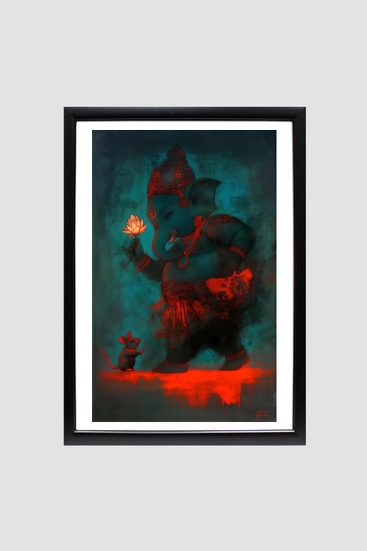 A4 Framed Poster of Abstract Digital Art of Lord Ganesha – Divine Home Decor