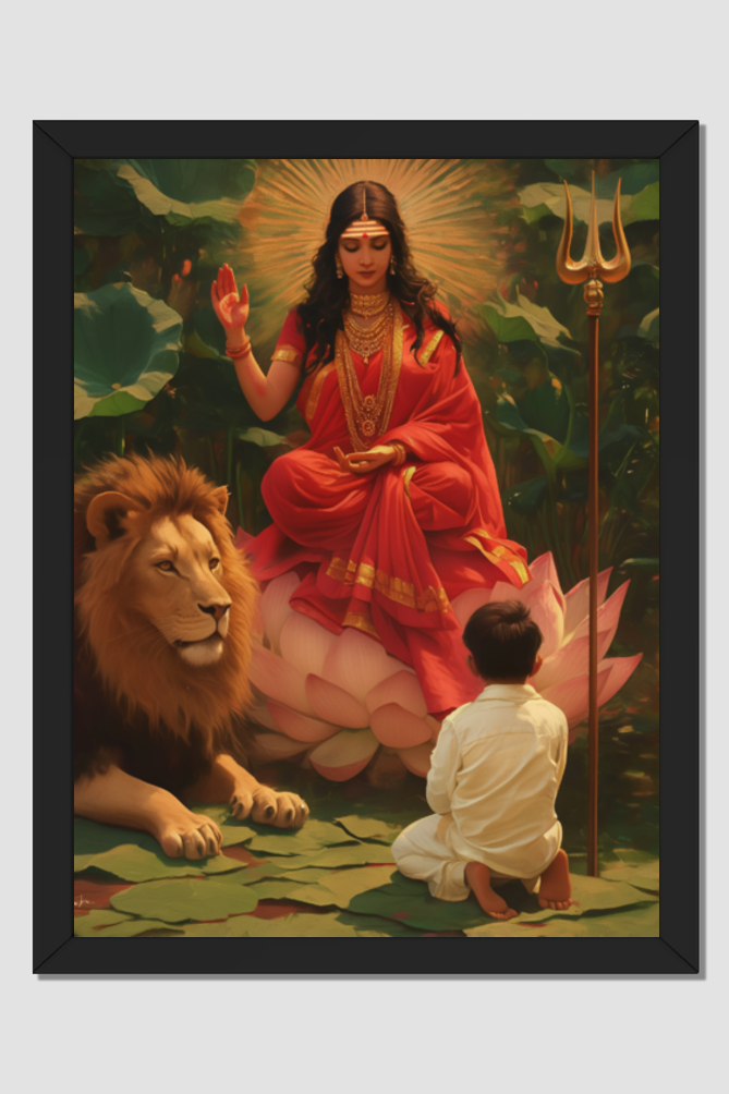 Maa Durga Blessing a Devotee Photo Frame | Big Size 18x24 Inch Frame with Glossy Print Protection | Perfect for Pooja Rooms and Devotional Decor