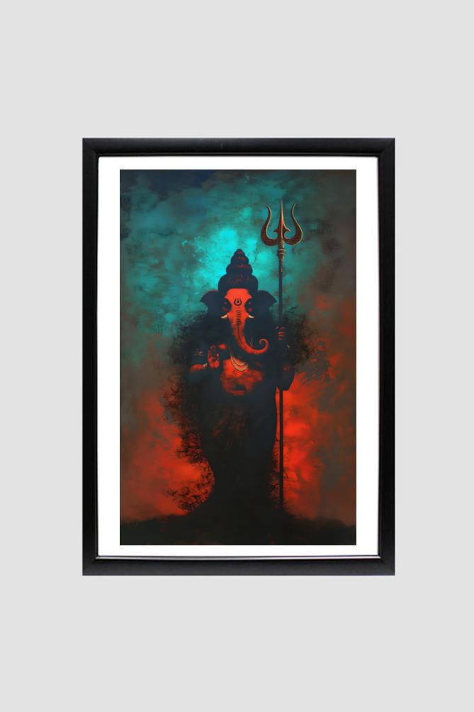 Divine Ganesha Holding Trishula – A4 Framed Poster (8.27 x 11.69 inches)