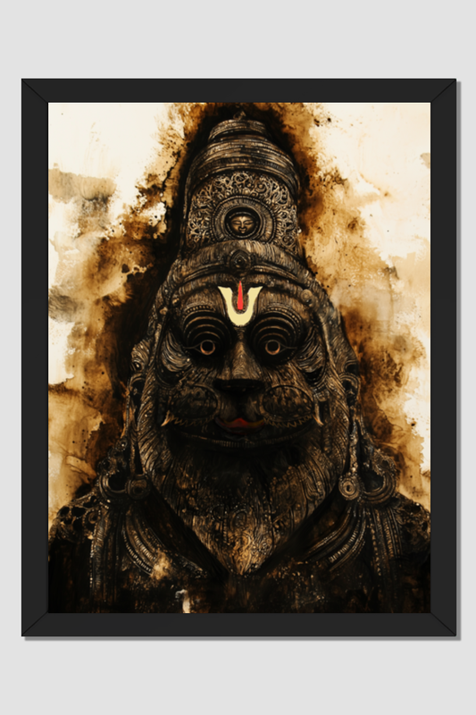 Divine Abstract Face Art of Yoga Narasimha Swamy | 18x24 Inch Frame with Glossy Print Protection | Spiritual Wall Decor for Pooja and Meditation Rooms