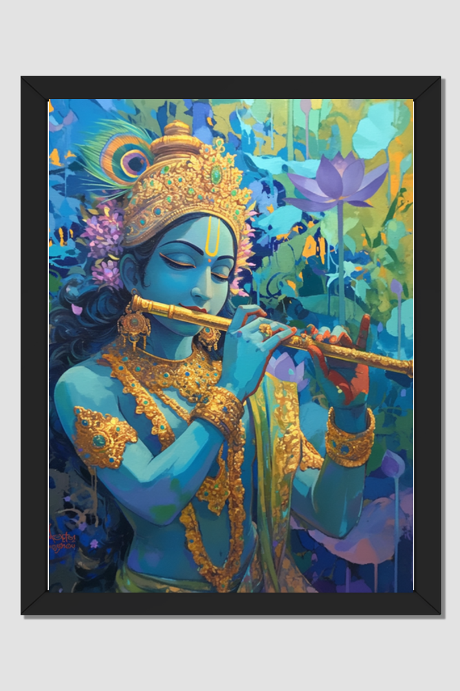 Lord Krishna Playing Flute Photo Frame 18x24 Inches | Divine Wall Art for Living Room | Krishna Devotional Gift