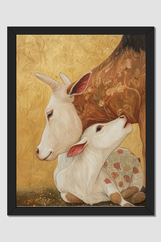 Kamdhenu Cow with Calf Photo Frame | 18x24 Inch Glossy Print Frame | Divine Wall Decor for Pooja Rooms and Spiritual Gifts