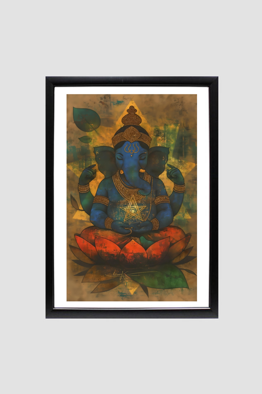 Serene Meditative Ganesha A4 Framed Poster – Spiritual Wall Art for Peace and Calm