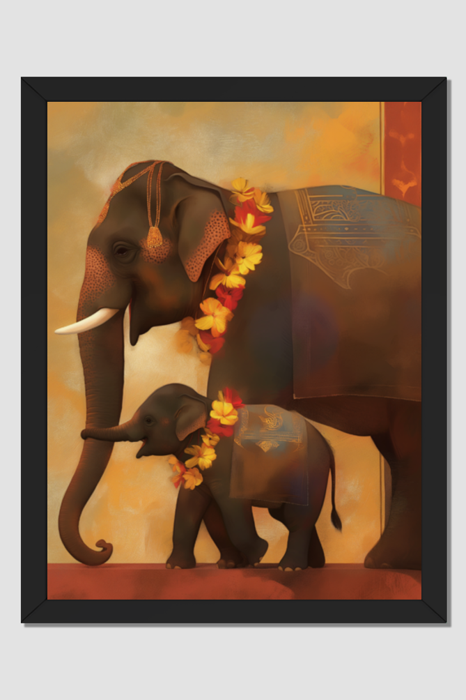 Temple Elephant with Calf Photo Frame | 18x24 Inch Glossy Print Frame | Divine Wall Art for Pooja Rooms and Indian Decor