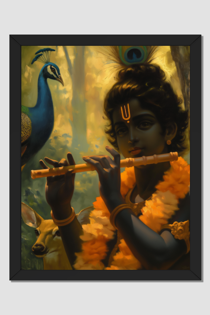 Lord Krishna Playing Flute Photo Frame | 18x24 Inch Glossy Print Frame | Divine Wall Art for Pooja Rooms and Spiritual Gifts