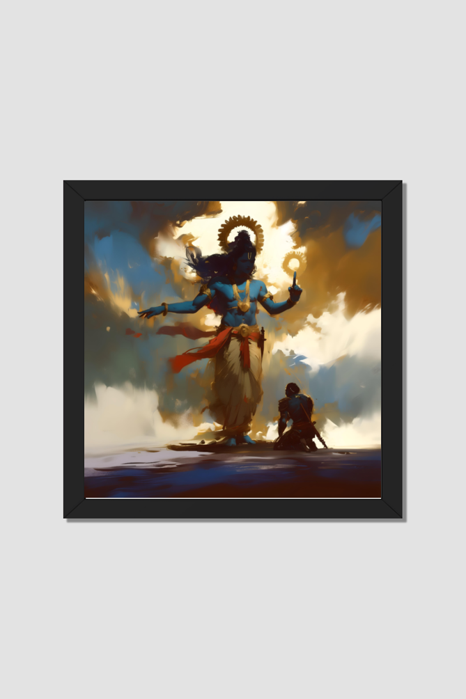 Krishna with Sudarshan Chakra and Arjun Bowing Photo Frame | Divine Gift for Krishna Devotees | 300 GSM Glossy Finish