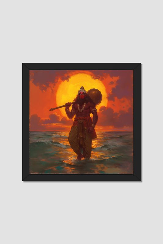 Hanuman Digital Art photo frame | Bajrangbali Standing Pose with Sea Background | Divine Wall Decor