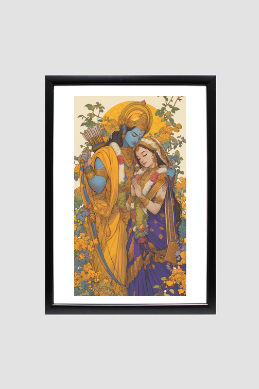 Divine Love: Digital Art of Lord Rama and Sita - A4 Framed Poster