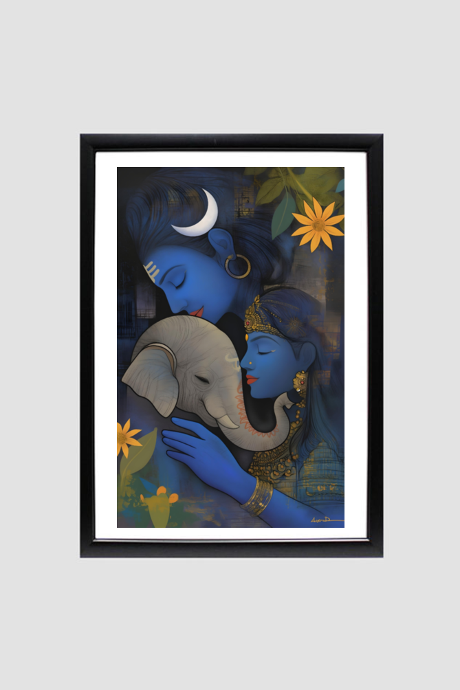 Divine Family: Digital Art of Lord Ganesha with Shiva and Parvati - A4 Framed Poster