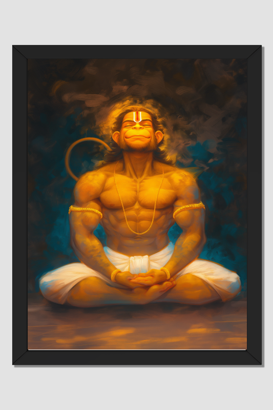 Hanuman Meditating Photo Frame | 18x24 Inch Frame with Glossy Print Protection | Spiritual Decor for Pooja Rooms and Meditation Spaces