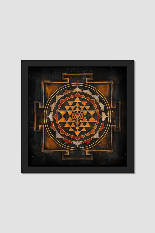 Sri Chakra Photo Frame | 14x14 Inch Glossy Print Spiritual Decor | Sacred Geometry Wall Art for Pooja Rooms