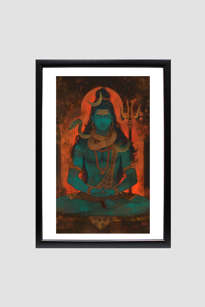 Powerful Meditating Shiva - A4 Framed Poster for Spiritual Decor