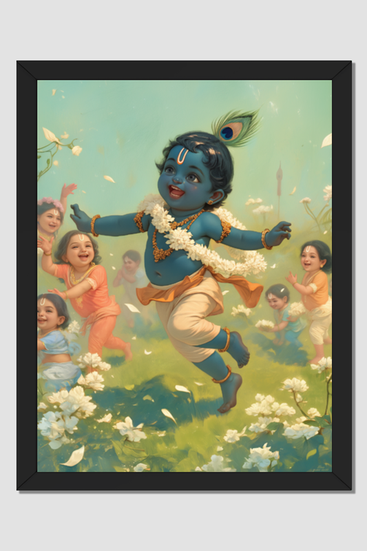 Krishna in Vrindavan Photo Frame | 18x24 Inch Frame with Glossy Print Protection | Divine Wall Decor for Pooja Rooms and Homes