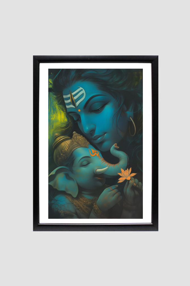 Divine Union: Digital Art of Shiva and Ganesha - A4 Framed Poster