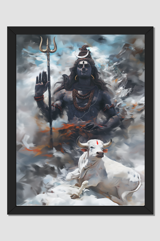 Lord Shiva in Kailasa with Nandi Art | 18x24 Inch Glossy Print Photo Frame