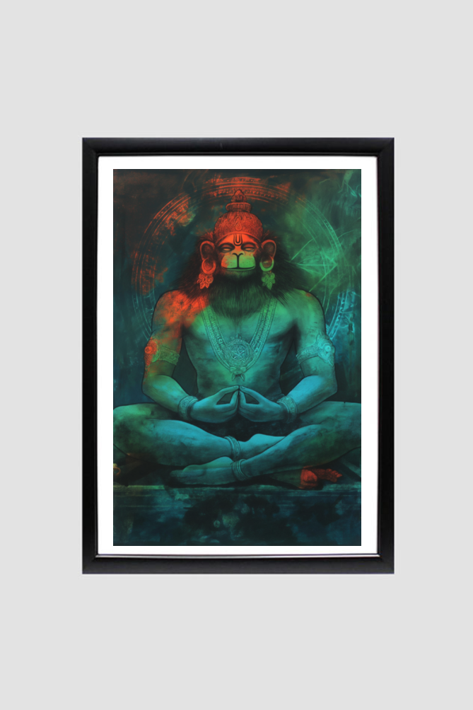 Meditative Hanuman - A4 Framed Poster of Lord Hanuman in Meditation