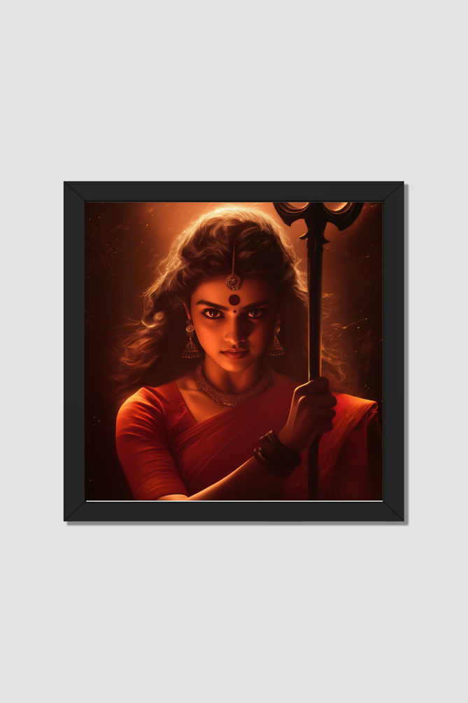 Maa Durga Realistic Digital Illustration | 14x14 Inch Graceful Eyes Photo Frame | Glossy Print for Spiritual Decor