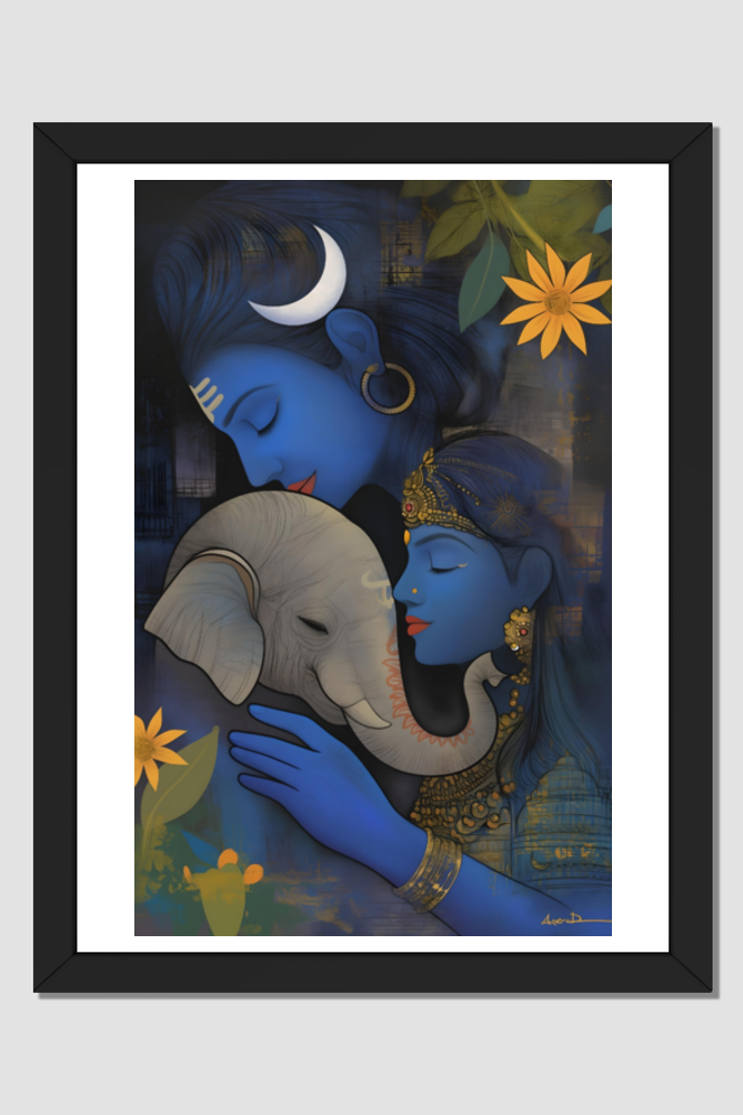 Divine Family: Digital Art of Lord Ganesha with Shiva and Parvati - A4 Framed Poster