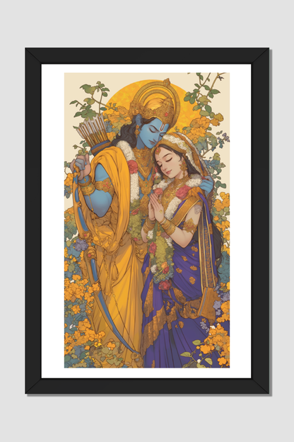 Divine Love: Digital Art of Lord Rama and Sita - A4 Framed Poster