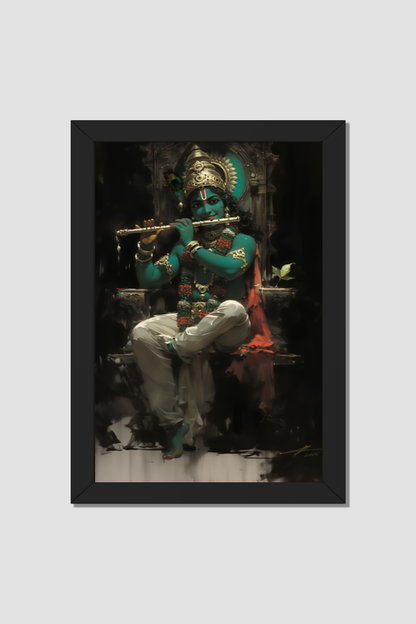 Lord Krishna Sitting on Throne and Playing Flute Photo Frame | Divine Melody of Shri Krishna