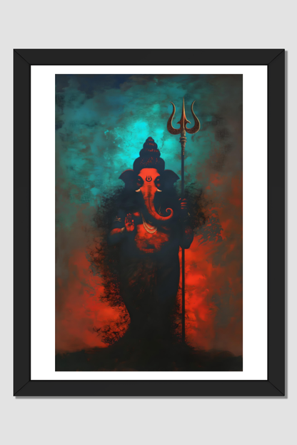 Divine Ganesha Holding Trishula – A4 Framed Poster (8.27 x 11.69 inches)