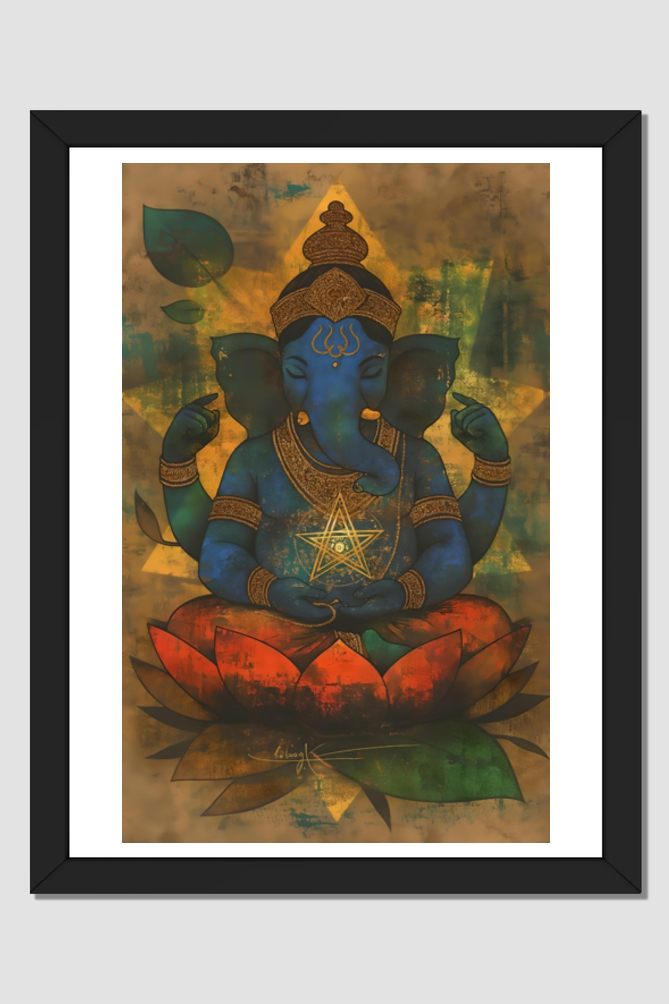 Serene Meditative Ganesha A4 Framed Poster – Spiritual Wall Art for Peace and Calm