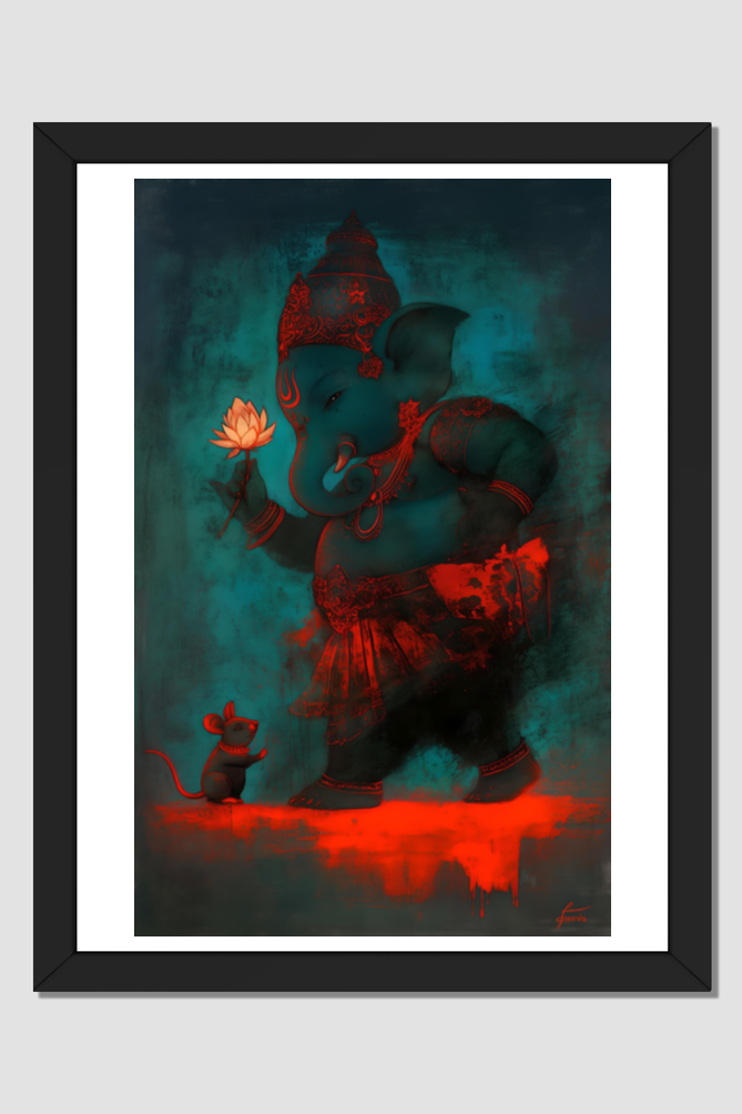 A4 Framed Poster of Abstract Digital Art of Lord Ganesha – Divine Home Decor