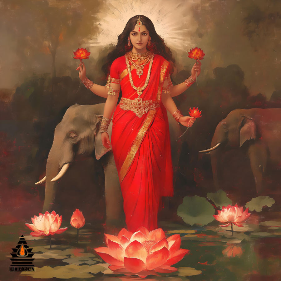 Lakshmi Devi with Three Lotuses, Elephants, and Red Saree | High-Resolution PNG | Spiritual Hindu Artwork Download