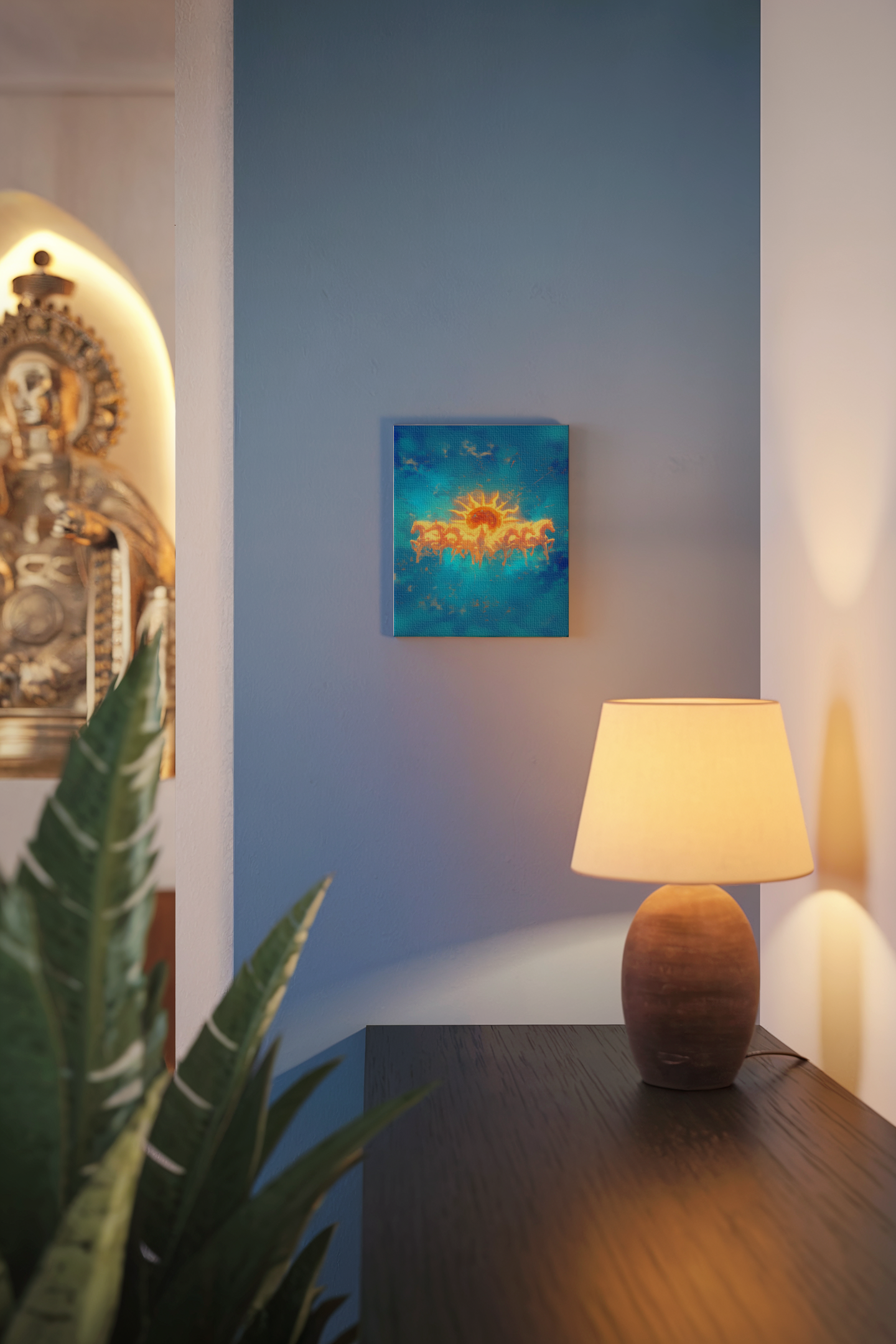 Surya Dev with Seven Horses digital painting on Stretched Canvas– Vastu Positive Sun God Wall Art for Home & Office