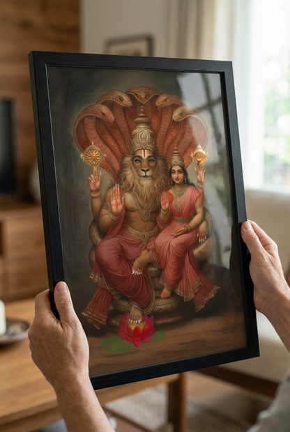 Lakshmi Narasimha Swamy Photo Frame – Vastu Divine Protector Wall Art for Strength & Harmony | Glossy Laminated Finish | Spiritual Home Decor (No Glass)