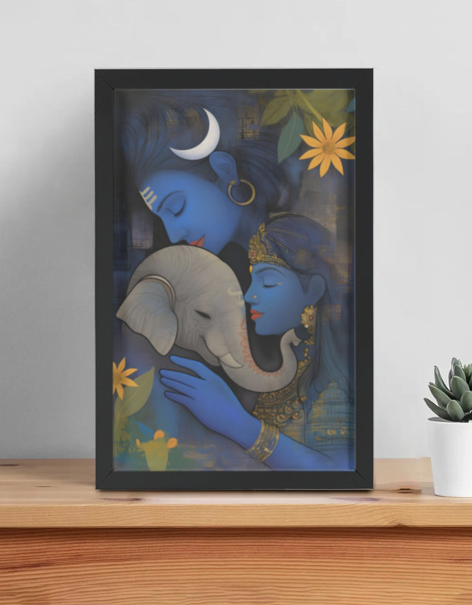 Divine Family: Digital Art of Lord Ganesha with Shiva and Parvati - A4 Framed Poster