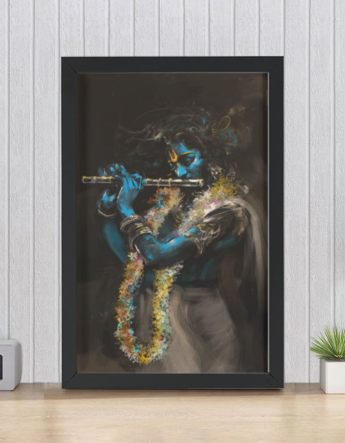 Abstract Art of Sri Krishna Playing Flute Photo Frame | Divine Krishna Wall Art | 300 GSM Glossy Laminated Artboard | Vastu Peace & Harmony Gift