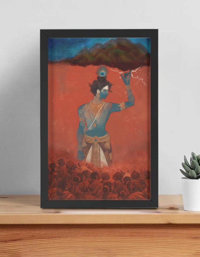 Shri Krishna Lifting Govardhan Parvat Photo Frame | Govardhan Giridhari Wall Art | 300 GSM Glossy Laminated Artboard | Vastu Protection & Strength Gift