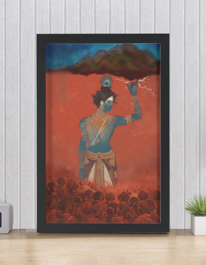 Shri Krishna Lifting Govardhan Parvat Photo Frame | Govardhan Giridhari Wall Art | 300 GSM Glossy Laminated Artboard | Vastu Protection & Strength Gift