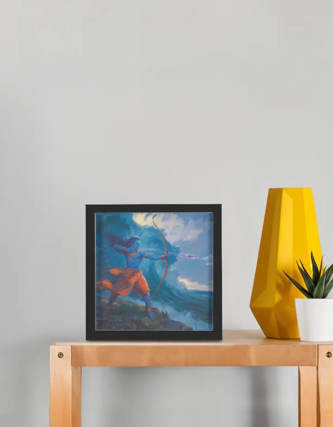 Sri Rama Vanquishing the Pride of the Ocean Photo Frame | Ramayana Samudra Darpaharaṇa Wall Art | 300 GSM Glossy Laminated Artboard | Vastu Strength & Dharma Gift