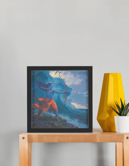 Sri Rama Vanquishing the Pride of the Ocean Photo Frame | Ramayana Samudra Darpaharaṇa Wall Art | 300 GSM Glossy Laminated Artboard | Vastu Strength & Dharma Gift