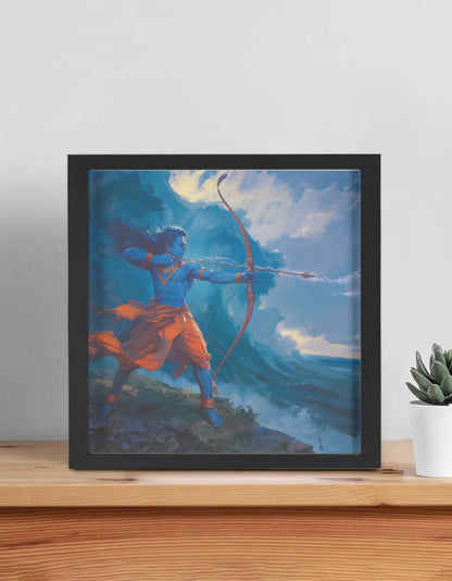 Sri Rama Vanquishing the Pride of the Ocean Photo Frame | Ramayana Samudra Darpaharaṇa Wall Art | 300 GSM Glossy Laminated Artboard | Vastu Strength & Dharma Gift