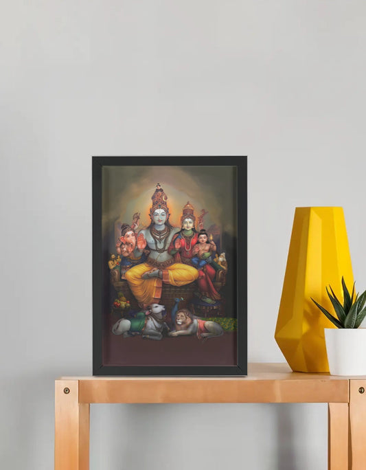 Shiva Parivar Photo Frame | Lord Shiva Family Wall Art with Parvati, Ganesha & Kartikeya | 300 GSM Glossy Laminated Artboard | Vastu Harmony Gift