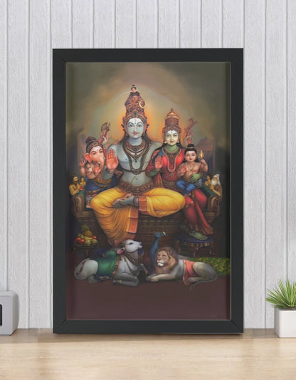 Shiva Parivar Photo Frame | Lord Shiva Family Wall Art with Parvati, Ganesha & Kartikeya | 300 GSM Glossy Laminated Artboard | Vastu Harmony Gift