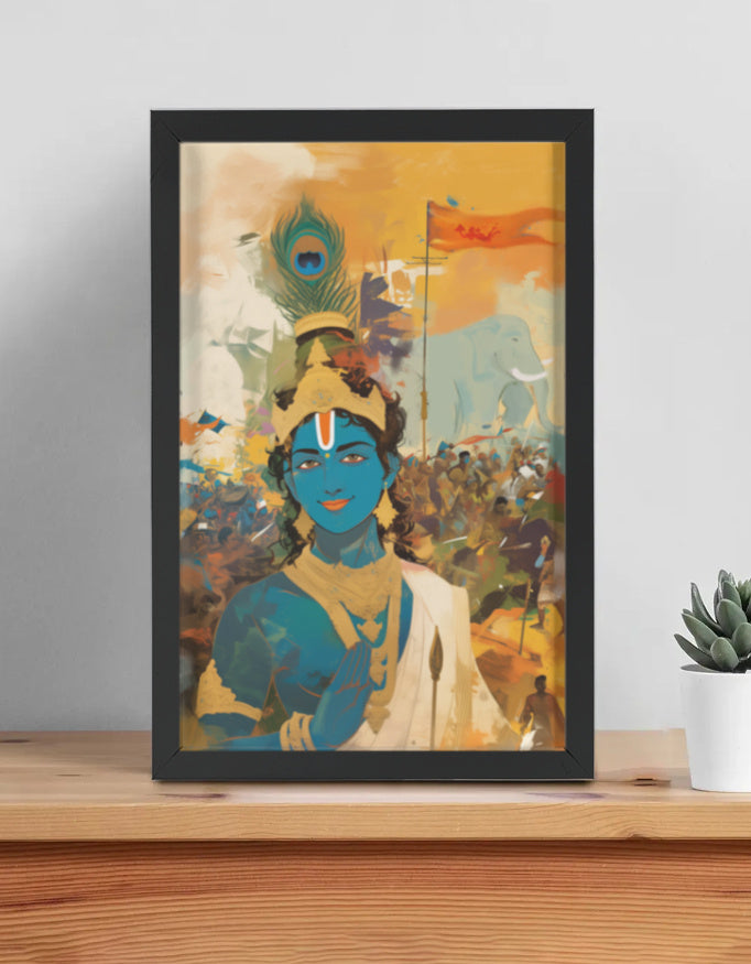 Sri Krishna in the Battlefield of Kurukshetra Photo Frame | Bhagavad Gita Wall Art | 300 GSM Glossy Laminated Artboard | Vastu Spiritual Gift