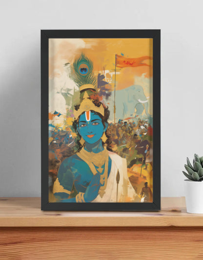 Sri Krishna in the Battlefield of Kurukshetra Photo Frame | Bhagavad Gita Wall Art | 300 GSM Glossy Laminated Artboard | Vastu Spiritual Gift