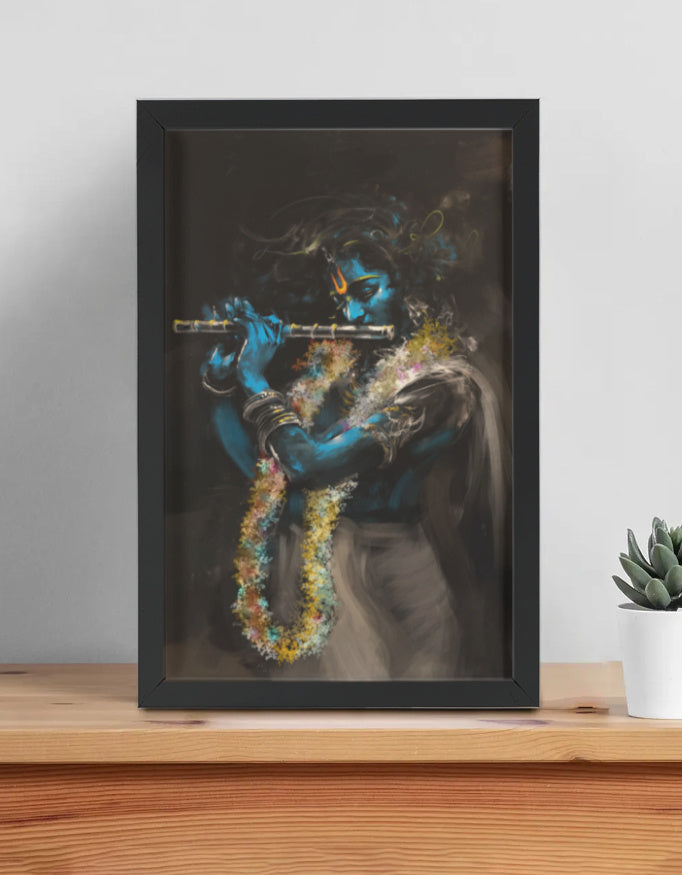 Abstract Art of Sri Krishna Playing Flute Photo Frame | Divine Krishna Wall Art | 300 GSM Glossy Laminated Artboard | Vastu Peace & Harmony Gift