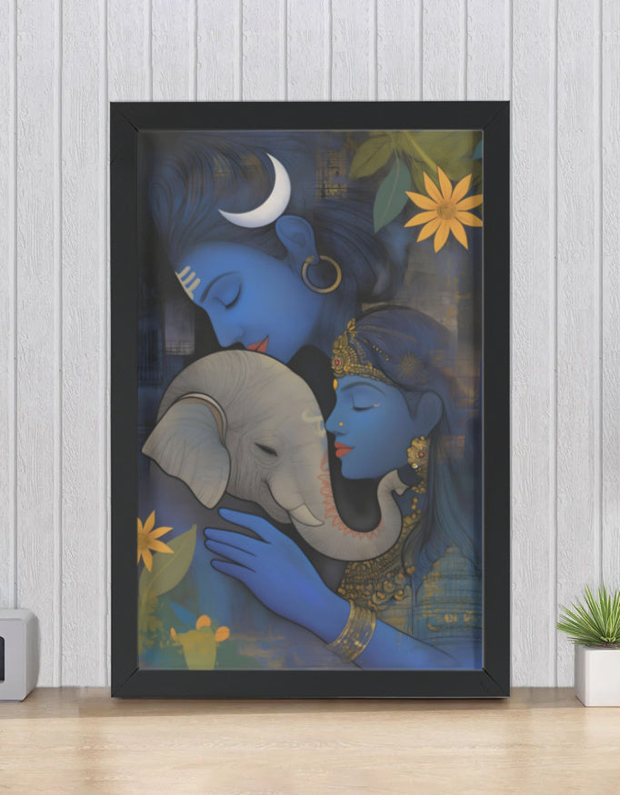 Divine Family: Digital Art of Lord Ganesha with Shiva and Parvati - A4 Framed Poster